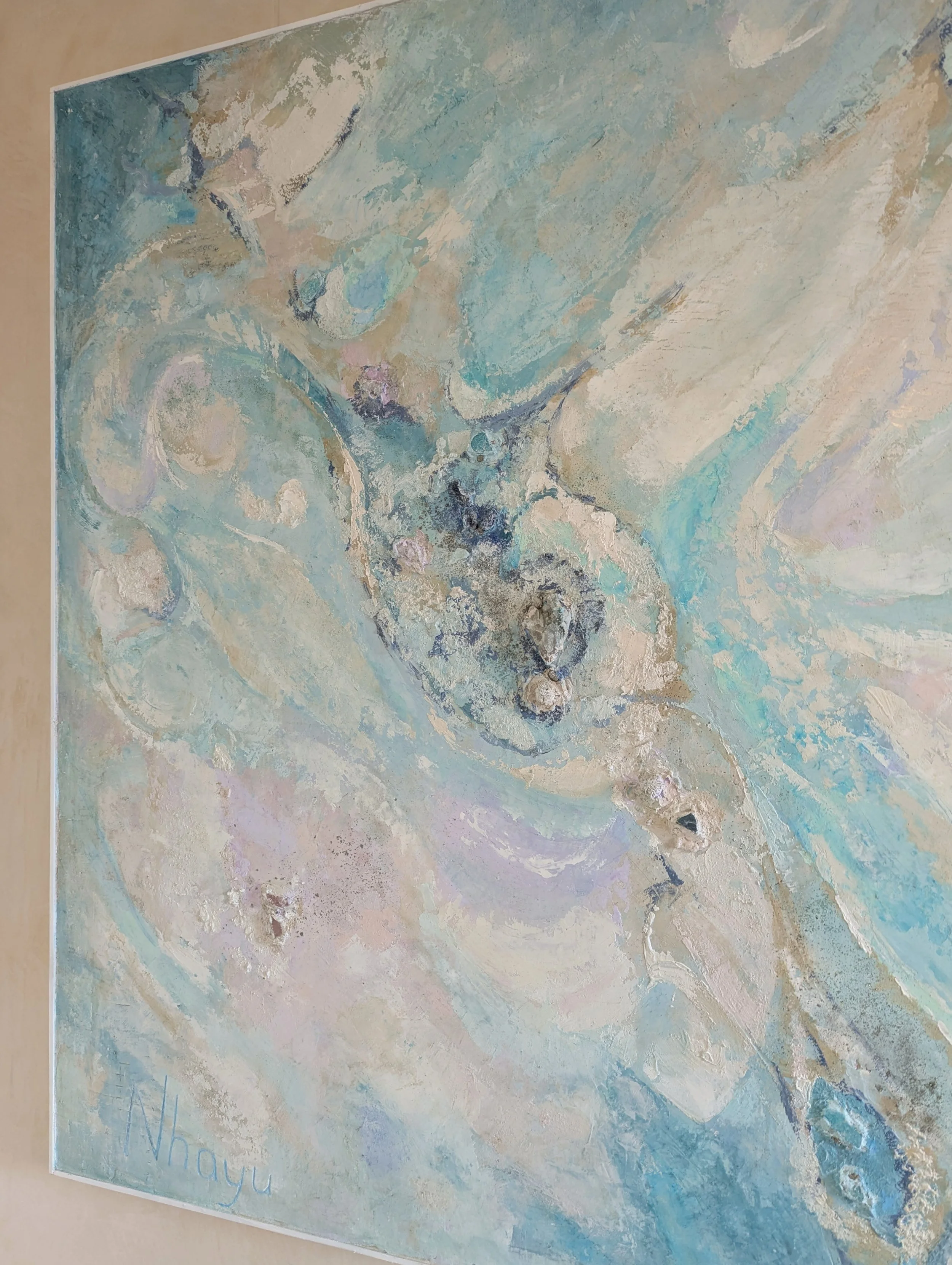 JOY OF THE SEA, 100X120 cm, Lime plaster on wood, pigments, minerals, crystals