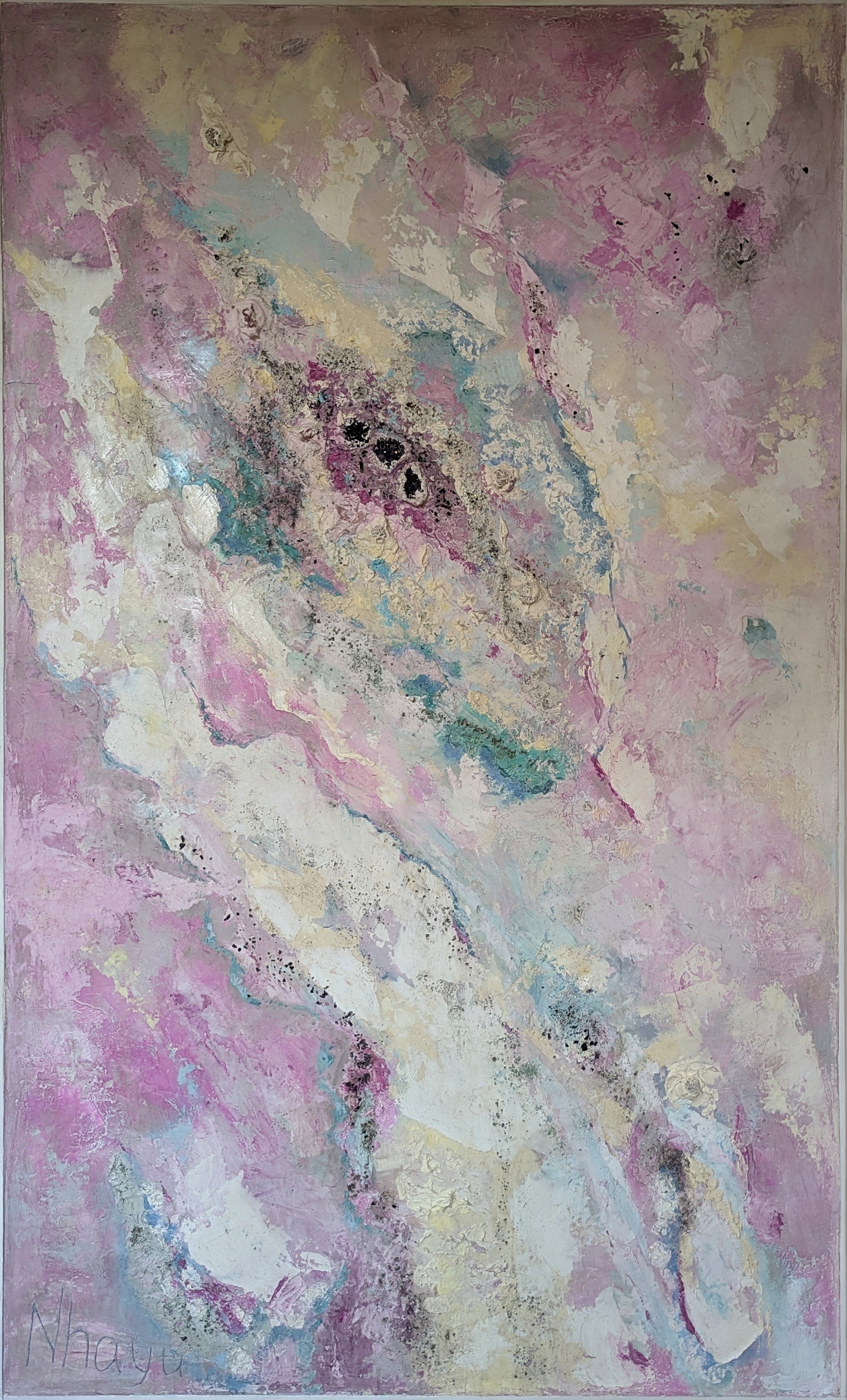 DRAGON'S LOVE, 85X140 cm, Lime plaster on wood, pigments, minerals, crystals