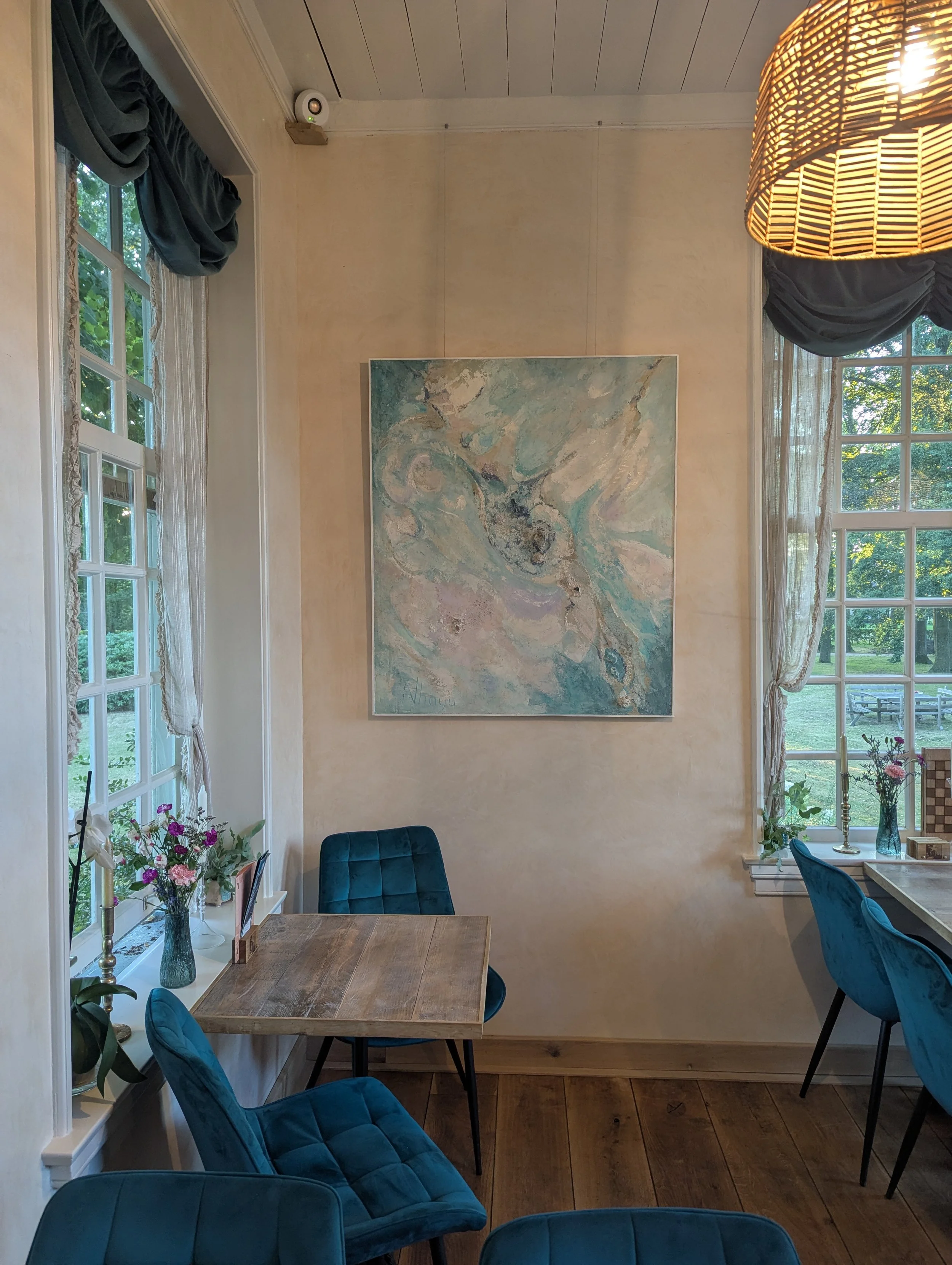JOY OF THE SEA, 100X120 cm, Lime plaster on wood, pigments, minerals, crystals