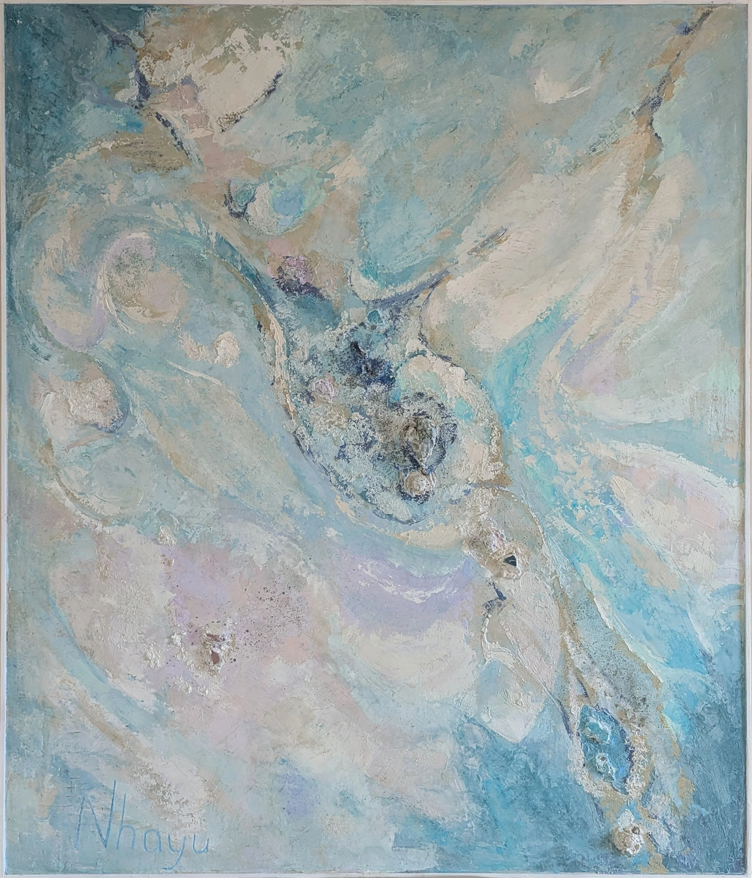 JOY OF THE SEA, 100X120 cm, Lime plaster on wood, pigments, minerals, crystals
