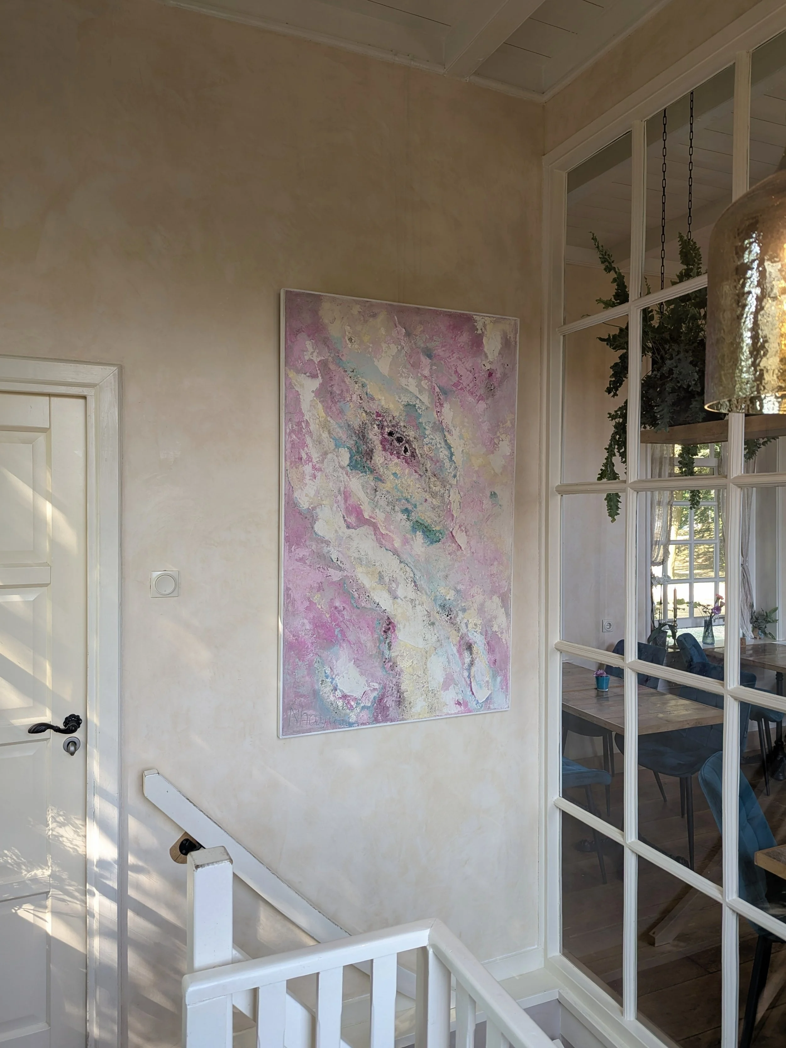 DRAGON'S LOVE, 85X140 cm, Lime plaster on wood, pigments, minerals, crystals