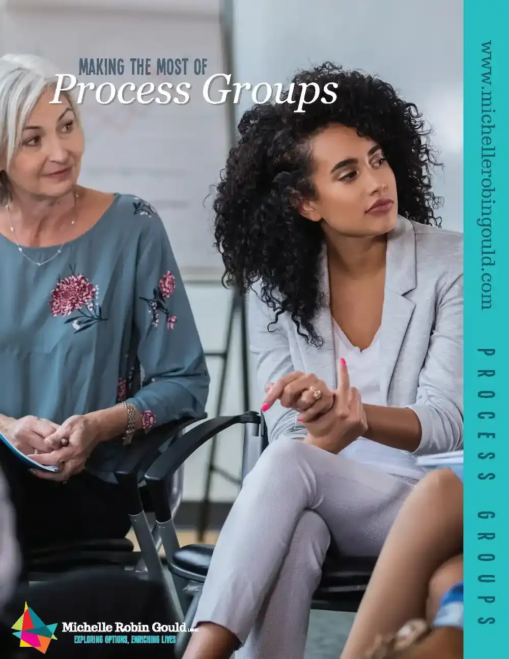 Cover for job aid titled Making the Most of Process Groups. Two woman sit listneing attentively in a group therapy setting.