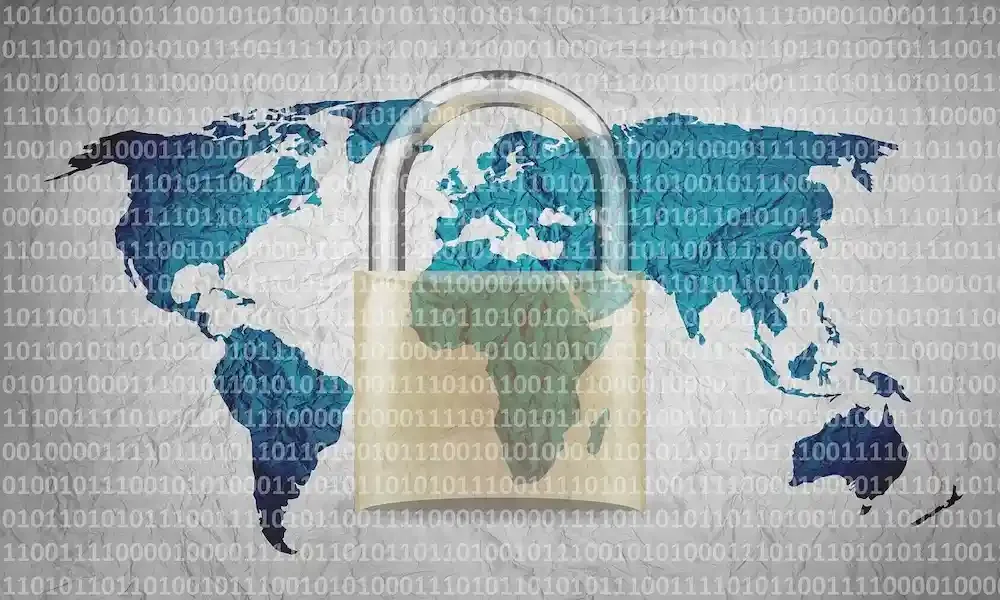World map with a padlock over it to signify technology security for online therapy in from Florida.