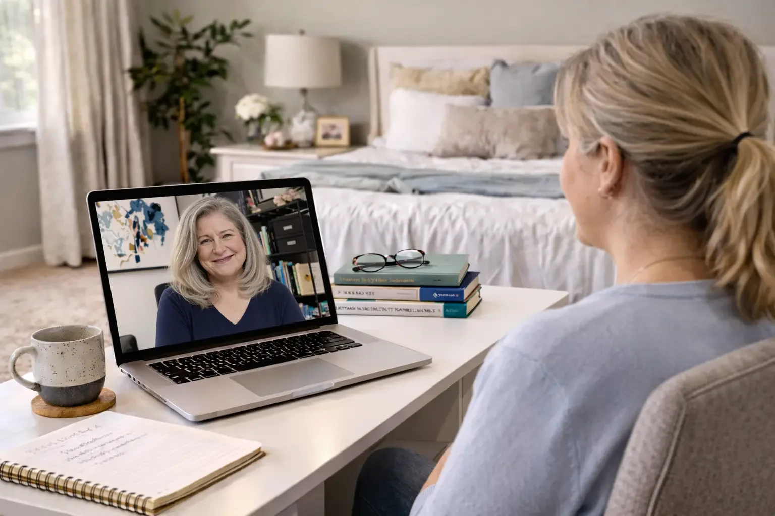 A woman in a ponytail sits at a desk in her bedroom and talks to an online therapist in Florida.