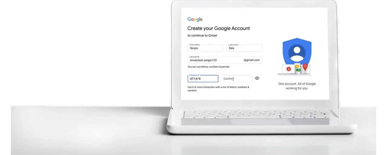 A laptop display shows the create your google account screen