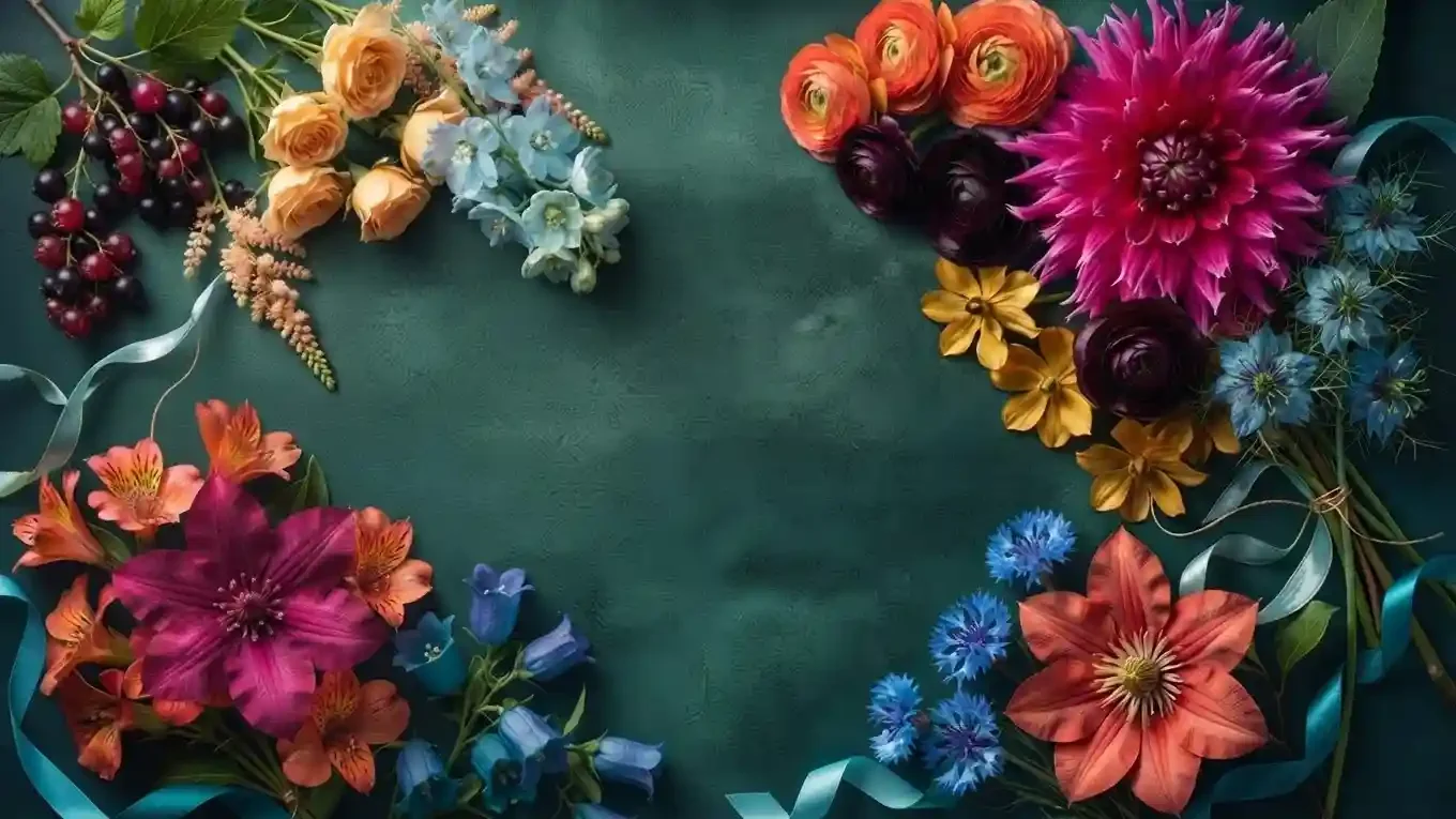 Bright pink dahlia, coral flowers, yellow blossoms, and blue wildflowers framing a dark teal background.