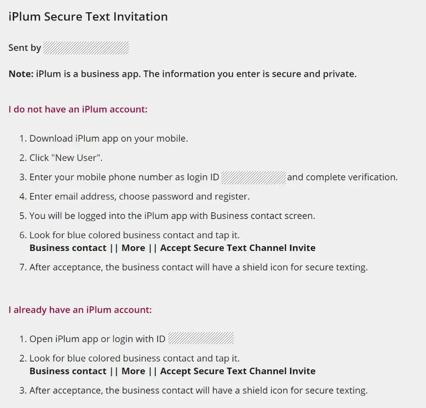 Screenshot of an iPlum Secure Text Invitation with instructions for new and existing users on how to download the app, enter login details, and activate secure messaging with Michelle Robin Gould, LMHC, Florida therapist.