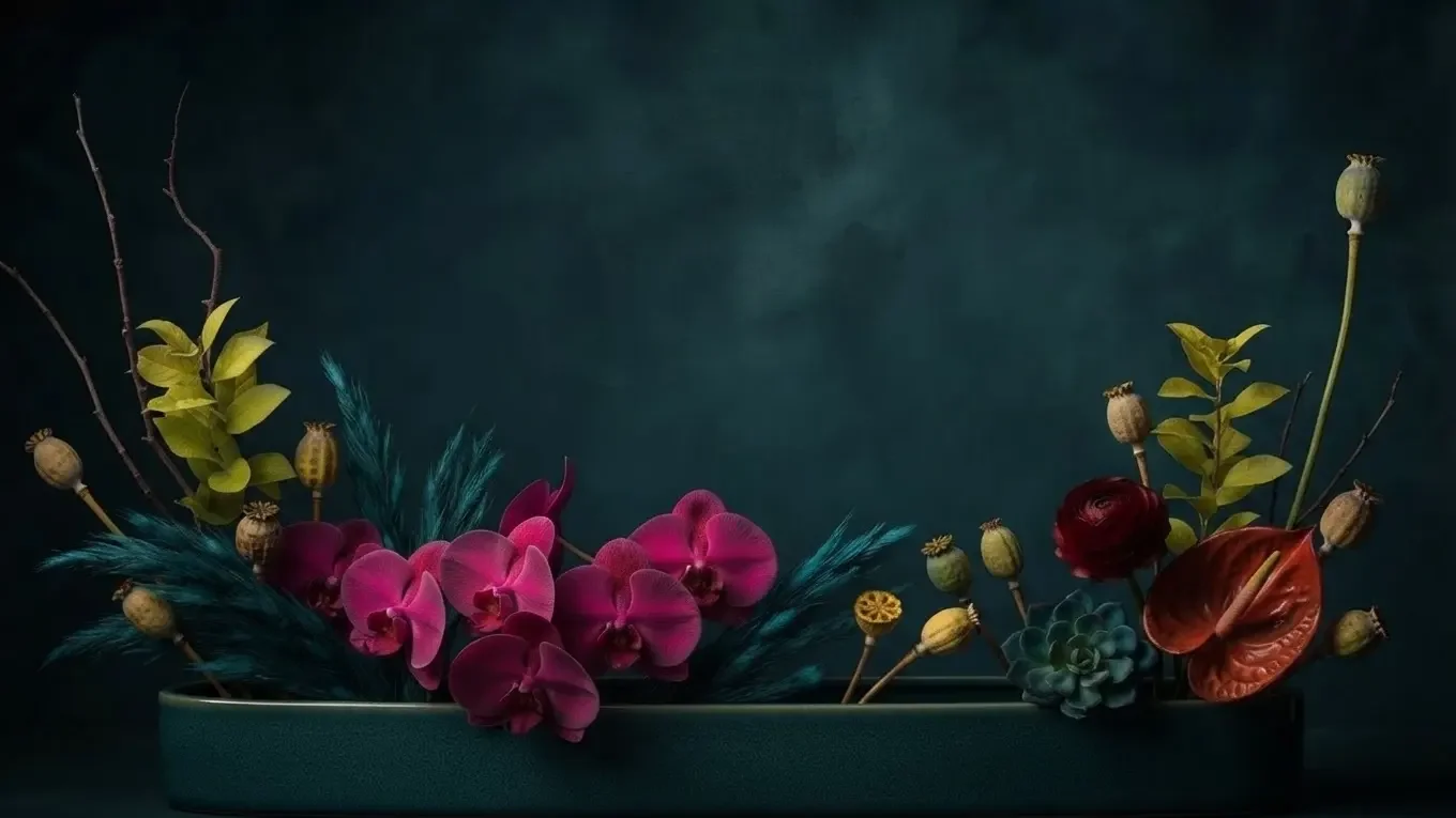 Colorful flowers and textured foliage in a long, shallow ceramic planter against a dark teal background.