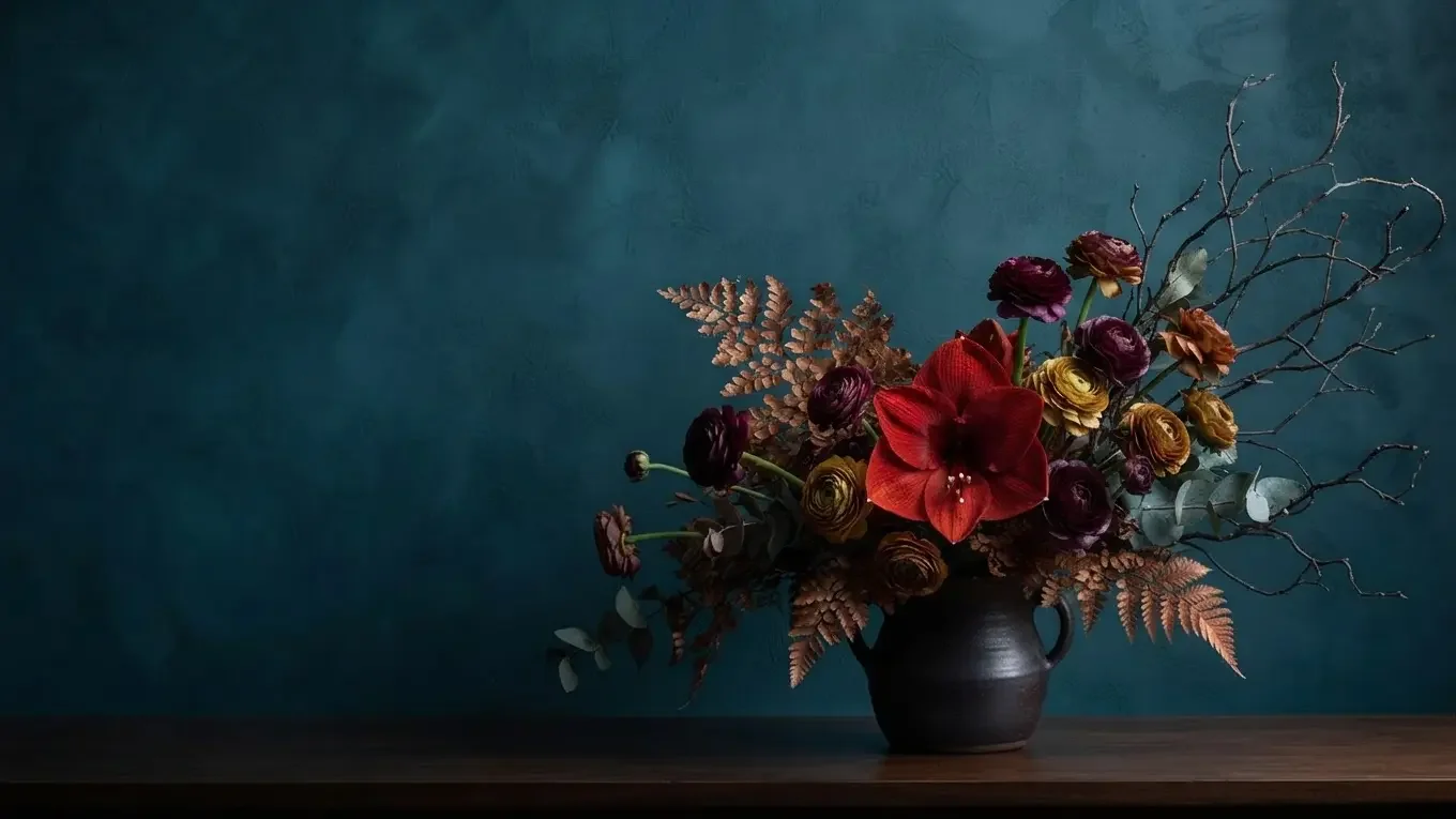Dramatic floral arrangement with deep red flowers, copper ferns, and dark foliage in a ceramic vase against a textured teal background.