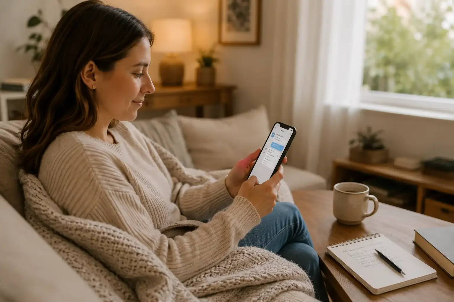 Client attends secure text-based therapy from home with concierge therapist Michelle Robin Gould, LMHC.