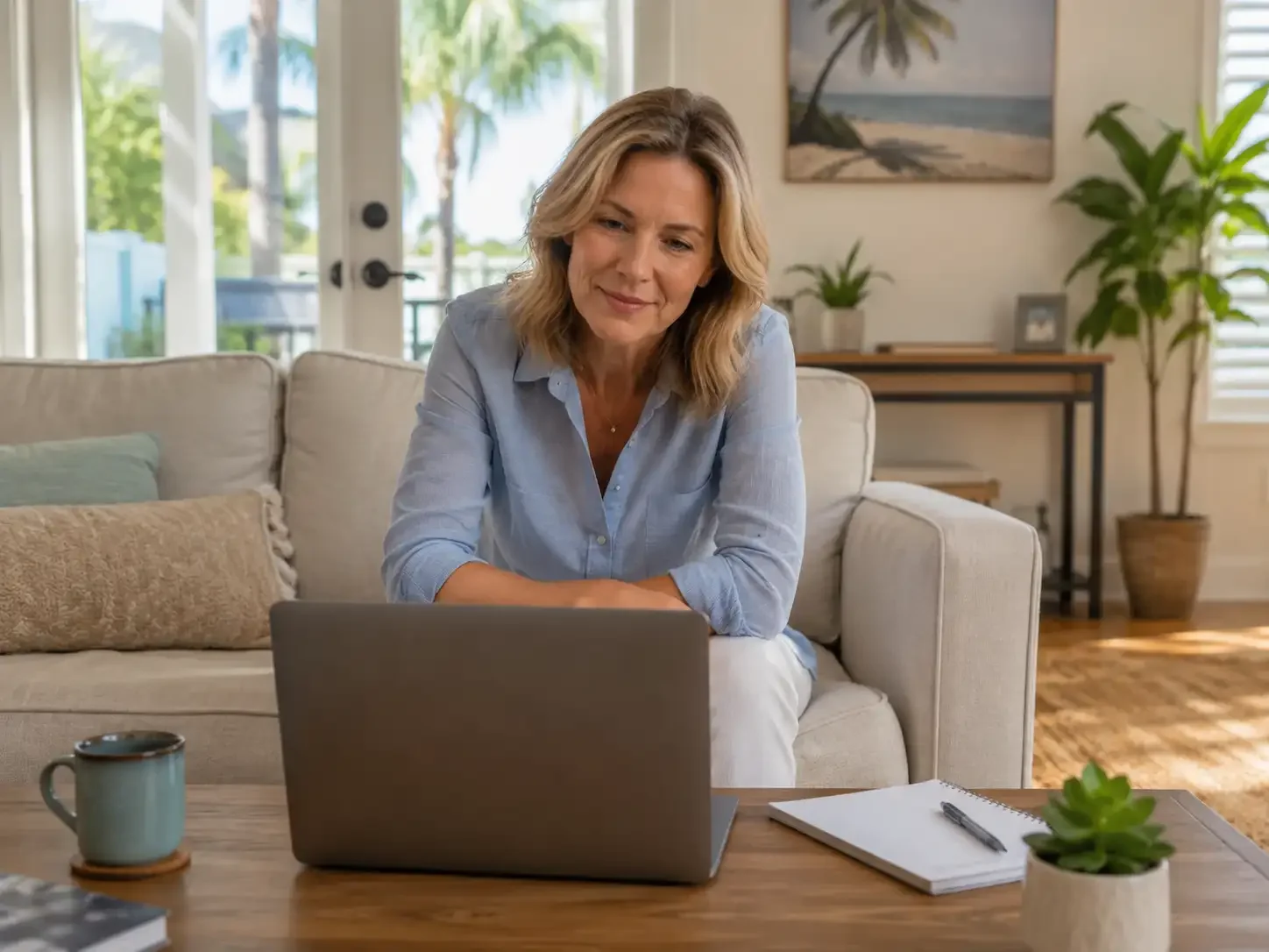 Client attending an online concierge therapy session from a bright Florida home, with laptop, notebook, and calm home office setting.