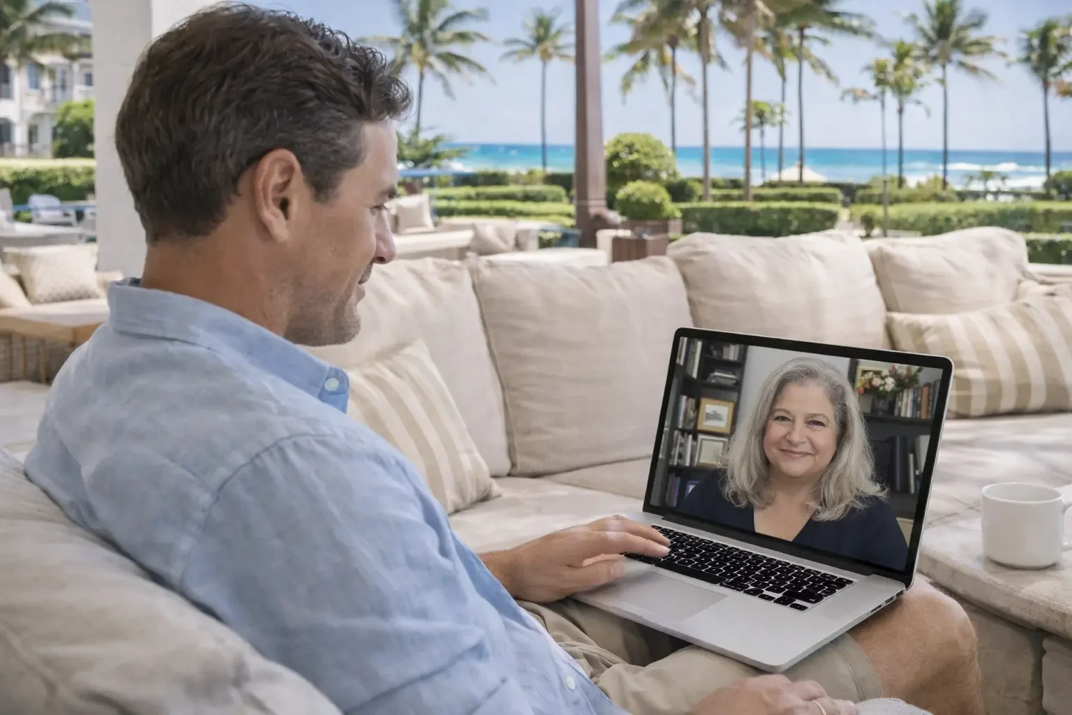 A man in his 40s enjoys an online therapy session on his laptop while relaxing at a tropical resort in Palm Beach, Florida.