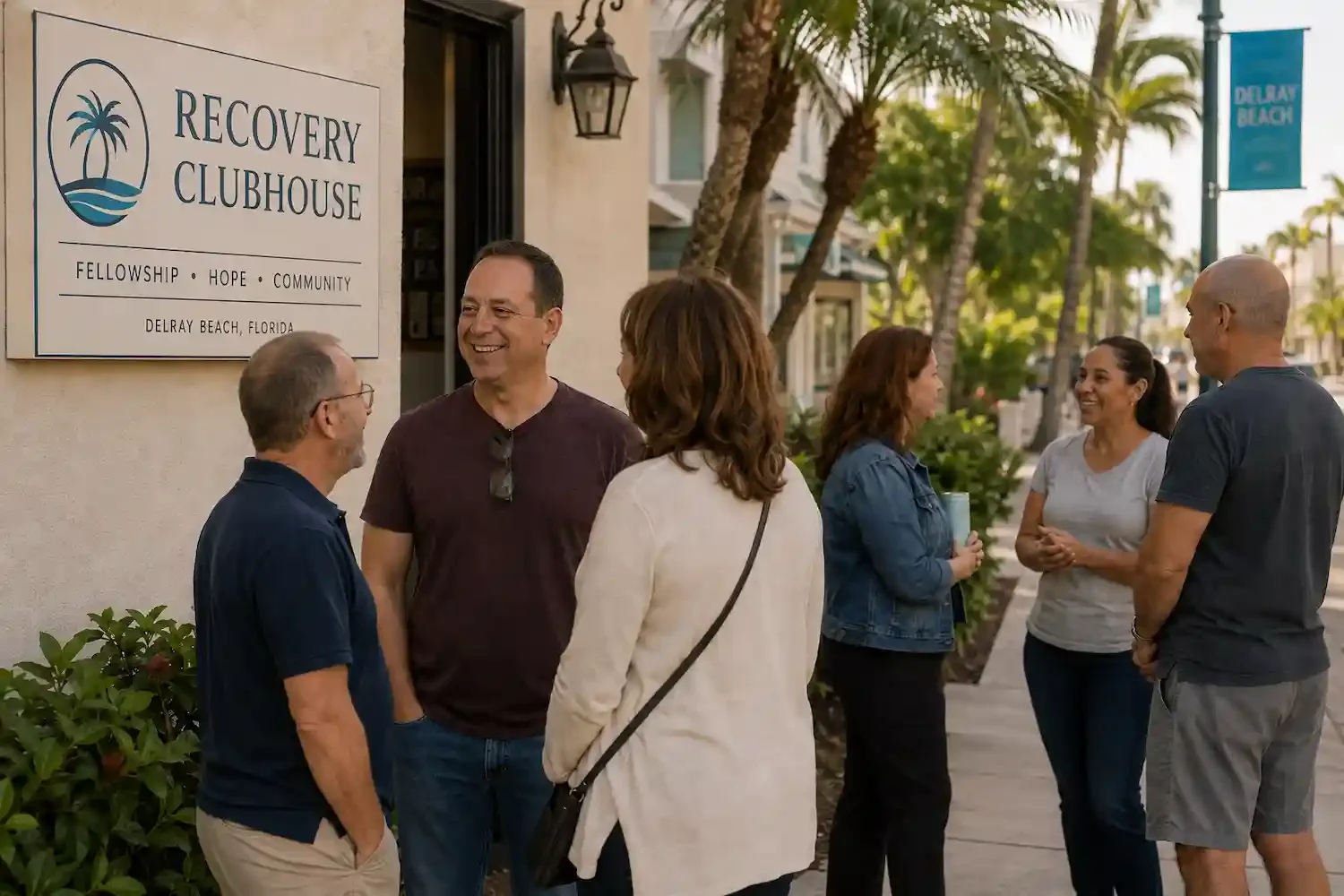 Adults gathering outside a recovery clubhouse before a 12-step meeting for substance use recovery in Delray Beach, Florida.