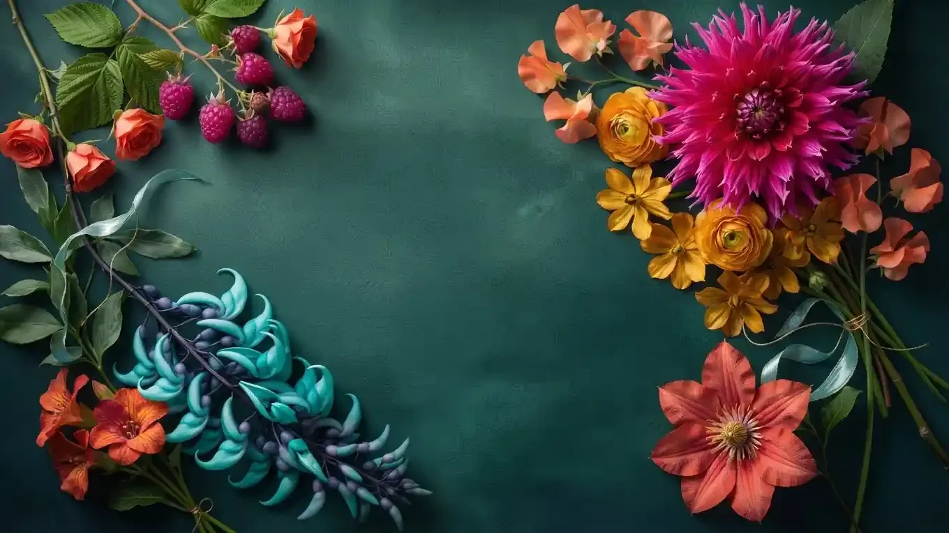 Vibrant turquoise flowers, coral blossoms, and a magenta dahlia framing a textured teal background.