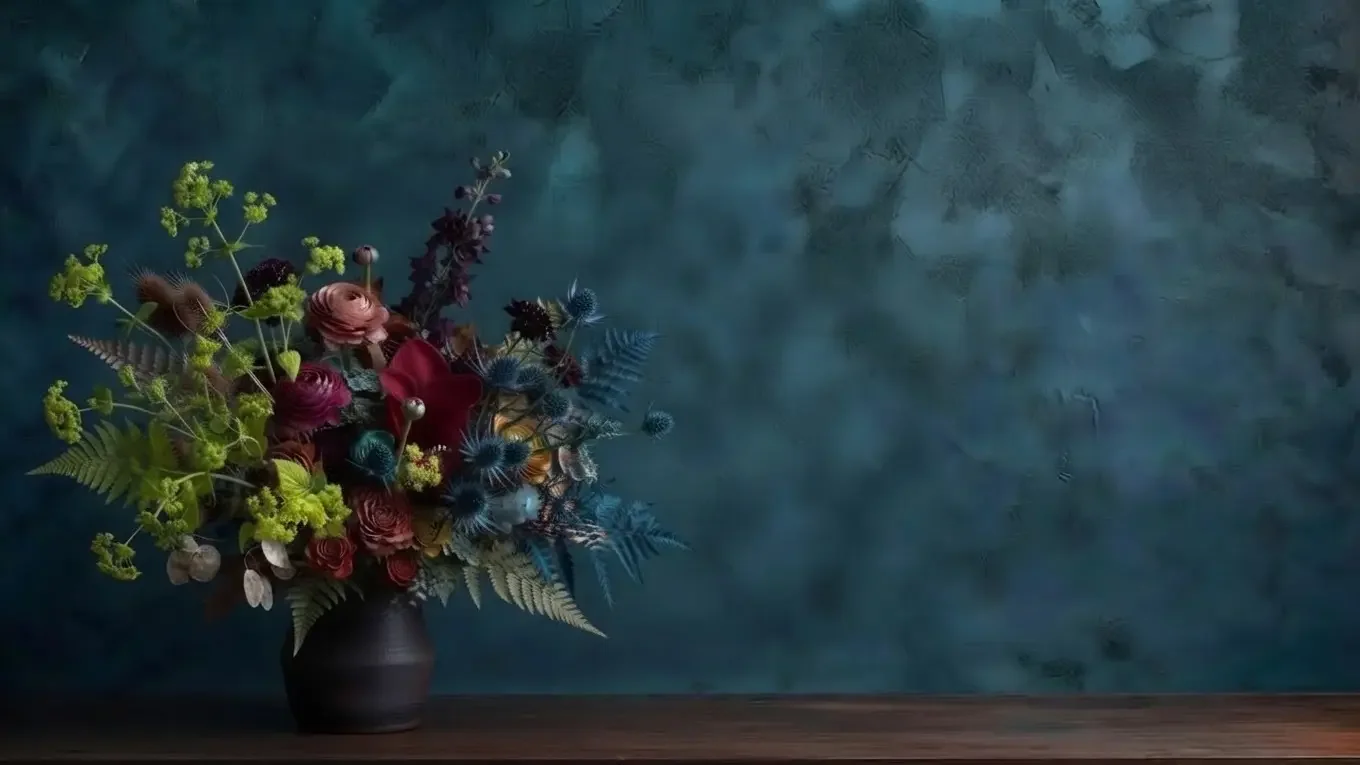 Elegant floral arrangement featuring burgundy and coral flowers, blue thistles, and green foliage in a dark ceramic vase against a textured teal background.