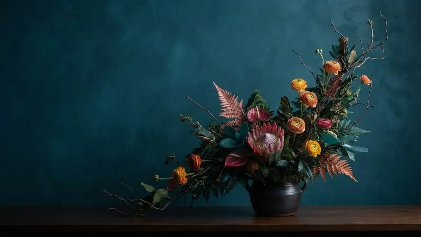 Elegant floral arrangement in rich teal, coral, and magenta tones on a dark background, featured on a Florida addiction recovery therapy website.