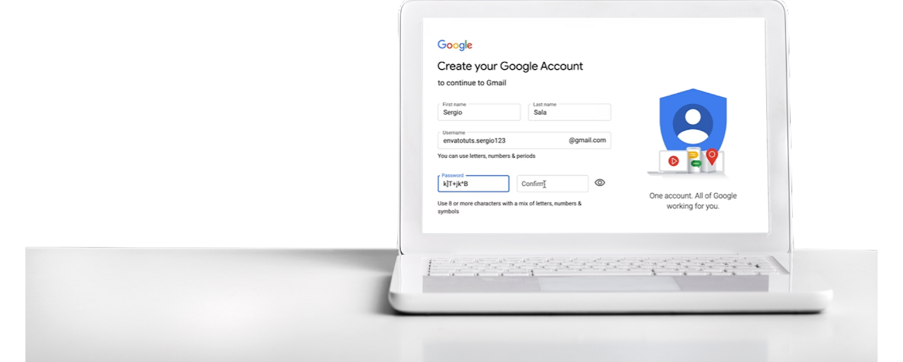 A laptop display shows the create your google account screen