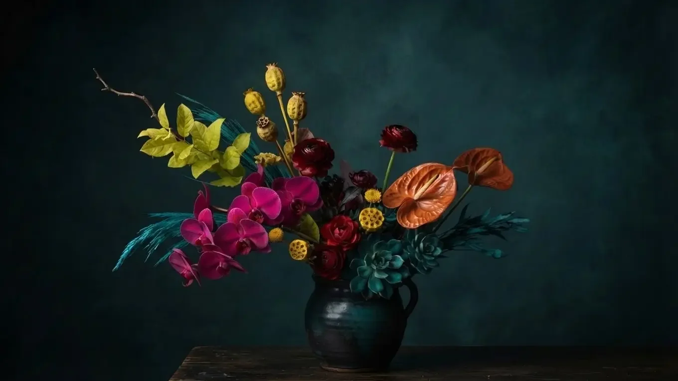 Colorful arrangement of pink orchids, orange anthuriums, red roses, teal succulents, and yellow-green foliage in a dark ceramic vase against a textured teal background.