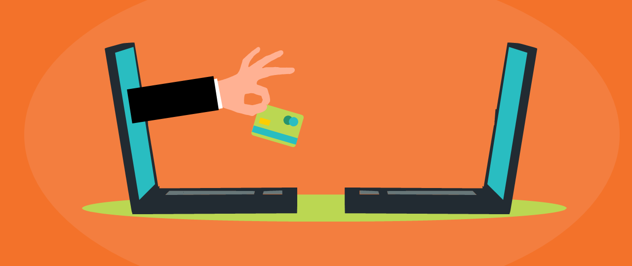 Illustration of and arm and hand reaching from one laptop to anotehr laptop and hand, holding a photo ID, symolizing identity verification for online services