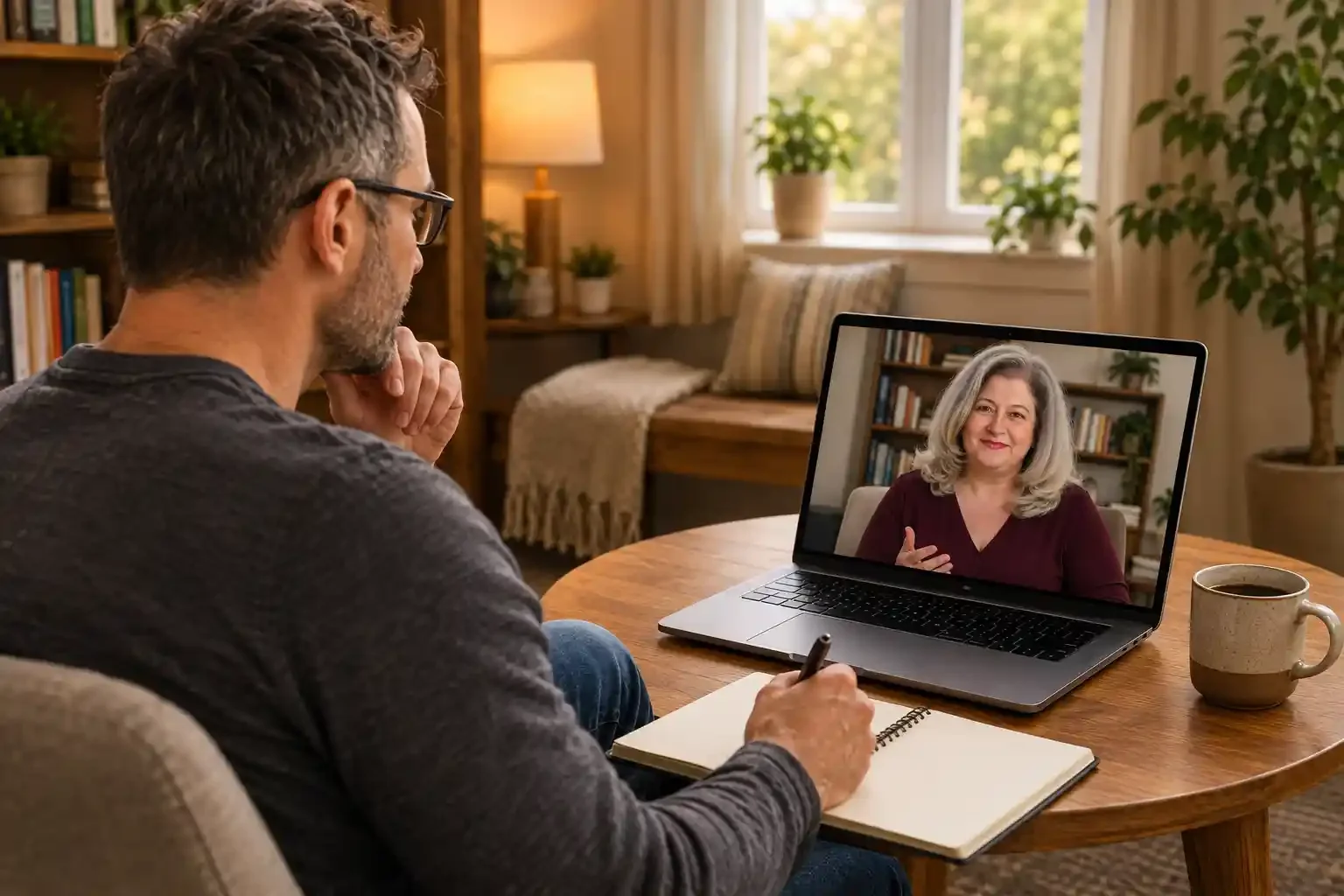 Male client taking notes during an online concierge therapy session, with therapist Michelle Robin Gould, LMHC, on the laptop screen.