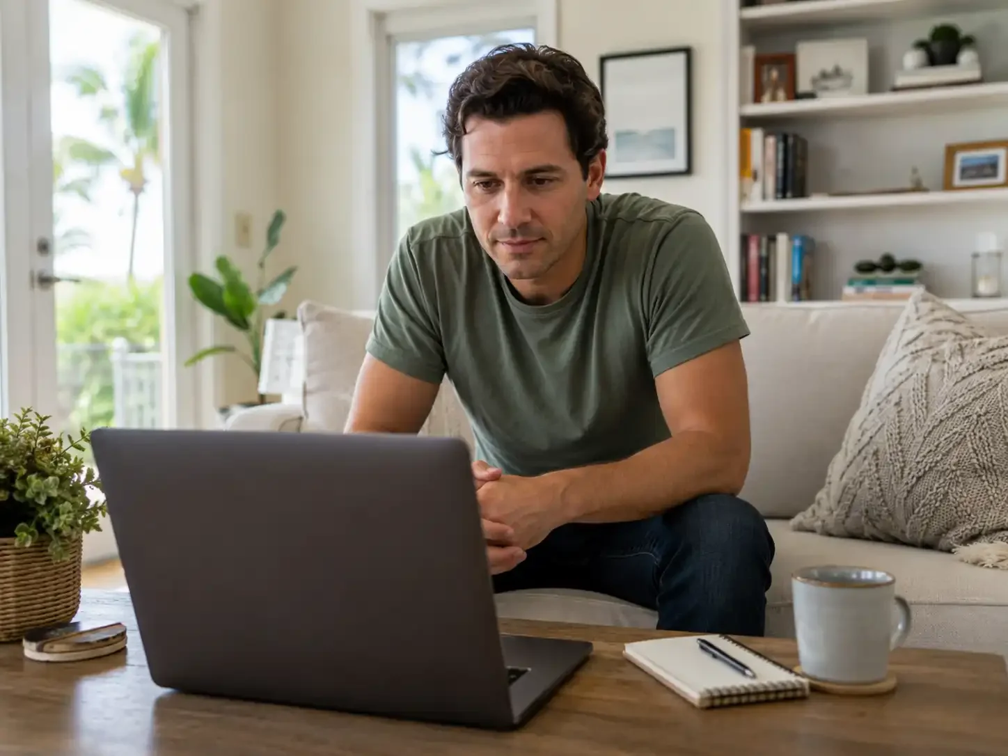 Client leaning forward during an online anxiety therapy session from home, thoughtfully engaging with therapy on a laptop.