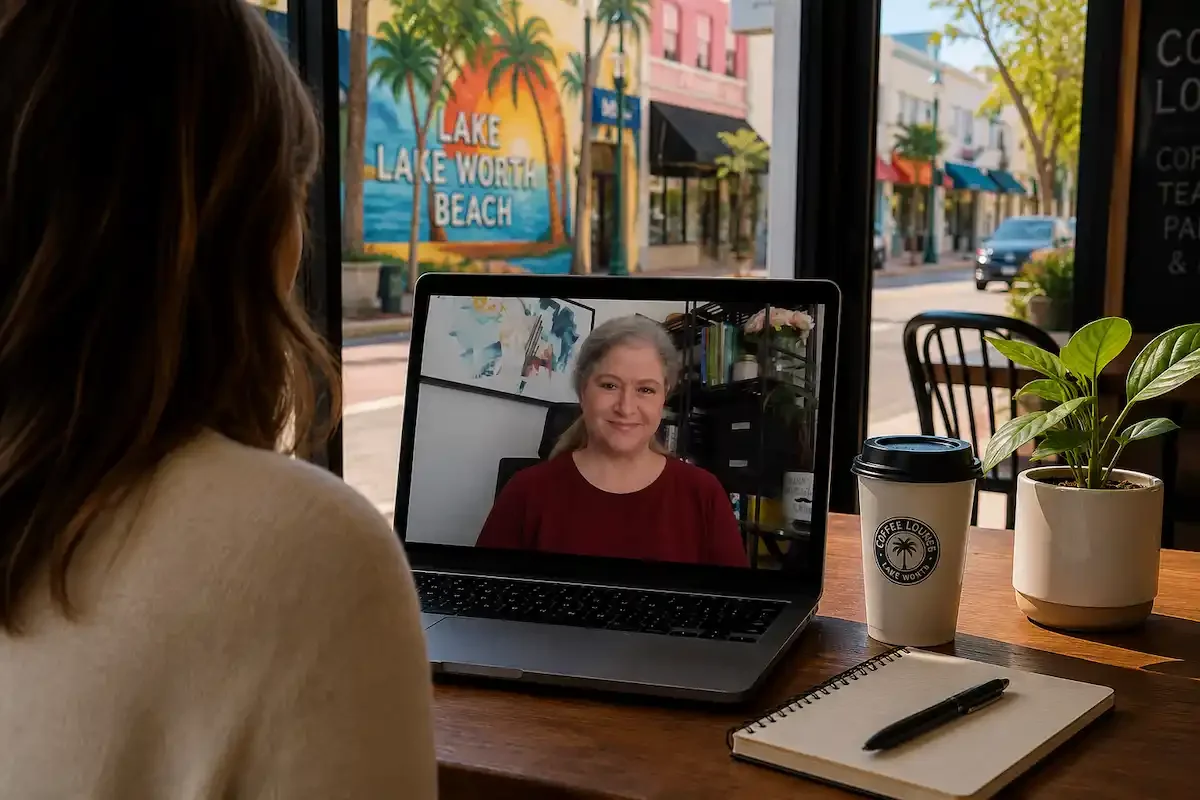 A woman attends online therapy from a quiet cafe in Lake Worth Florida.
