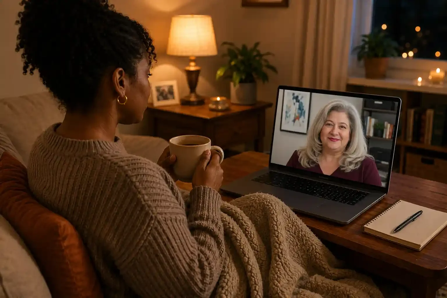 Client participating in a flexible evening online therapy session from home with Michelle Robin Gould, LMHC.