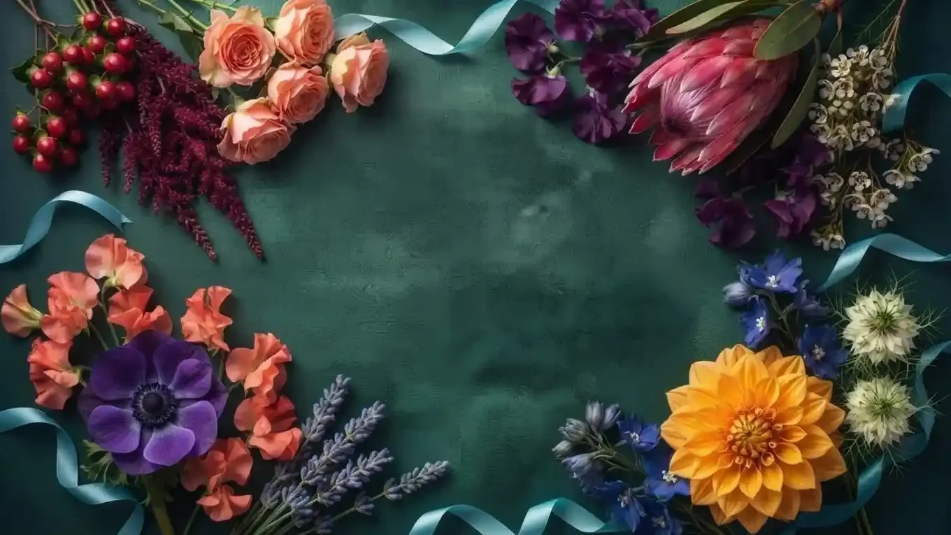 Colorful arrangement of peach roses, purple flowers, yellow dahlia, and blue ribbons surrounding a teal center.