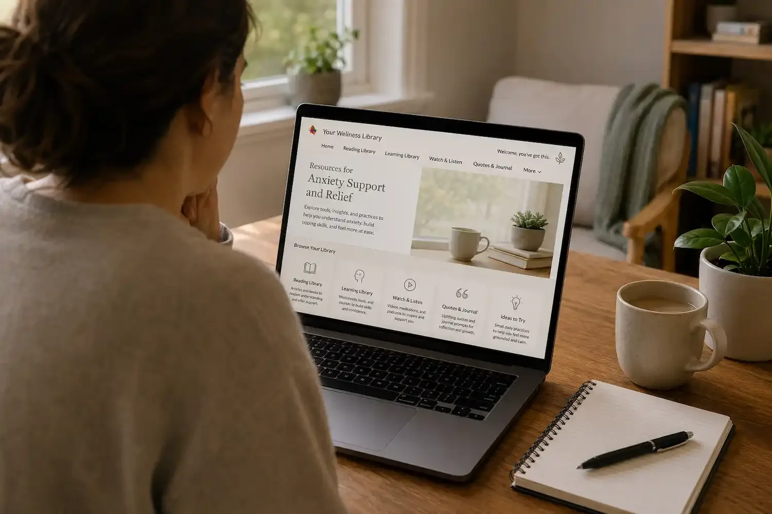 Client viewing a personalized digital therapy library with anxiety support resources, worksheets, mindfulness practices, and videos for between-session support.