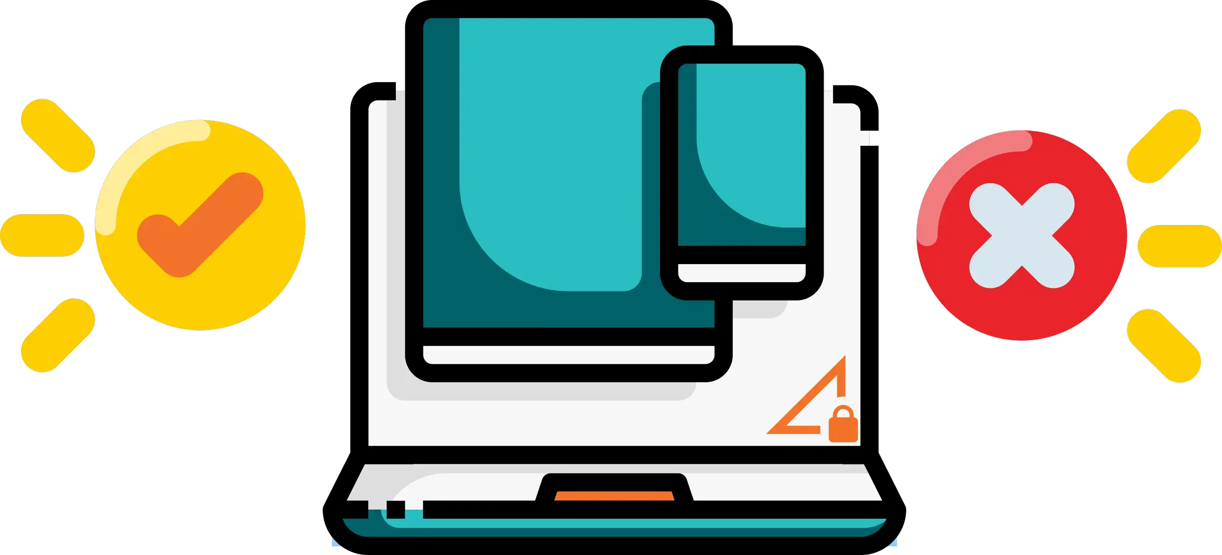 Digital illustration of a computer with onscreen documents, surrounded by a yellow checkmark on the left and a red cross on the right, showing a choice between correct and incorrect actions for technology and security policies and procedures.