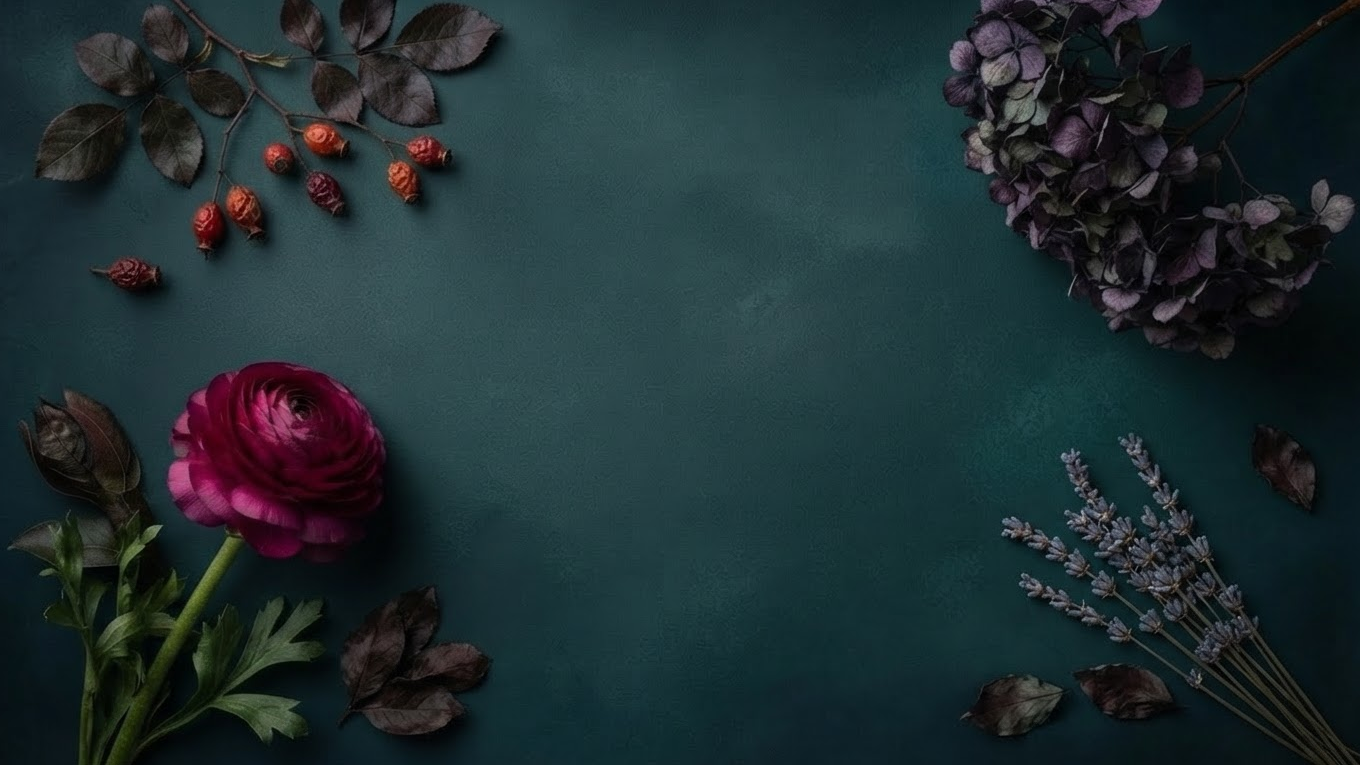 Deep pink ranunculus, purple hydrangeas, lavender, and dark foliage arranged around a textured teal background.