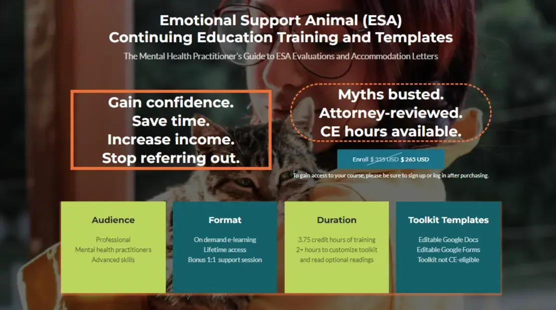Continuing education (CE) course home page for emotional support animal training and template toolkit