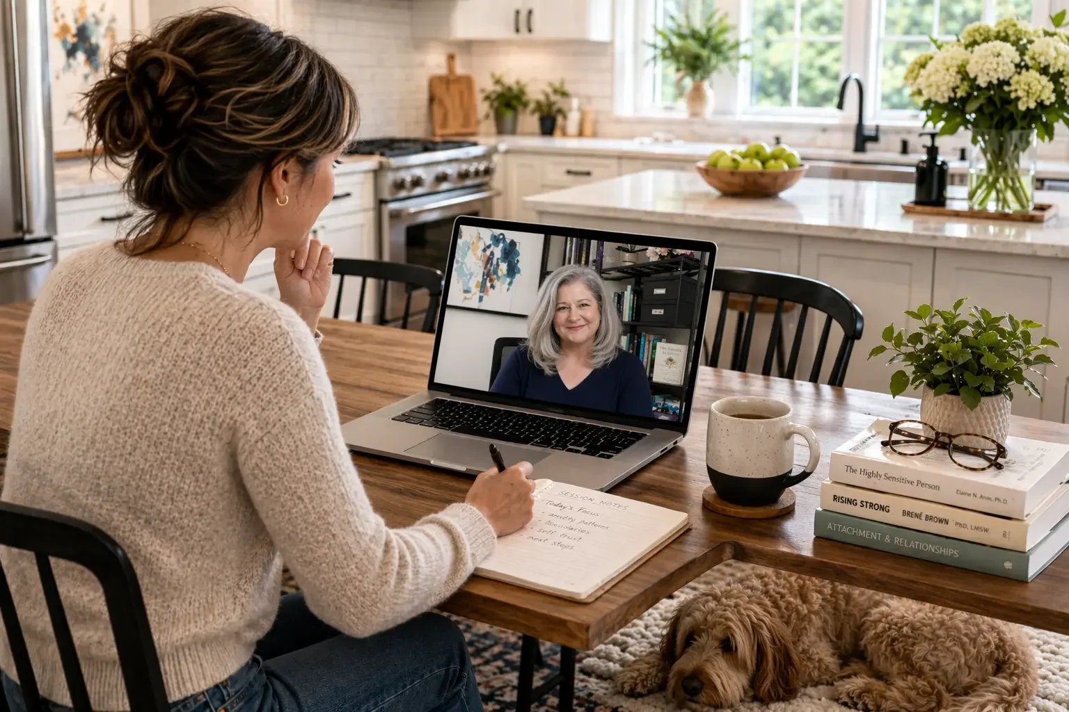 Woman attends online therapy from her kitchen in Palm Beach Gardens Florida