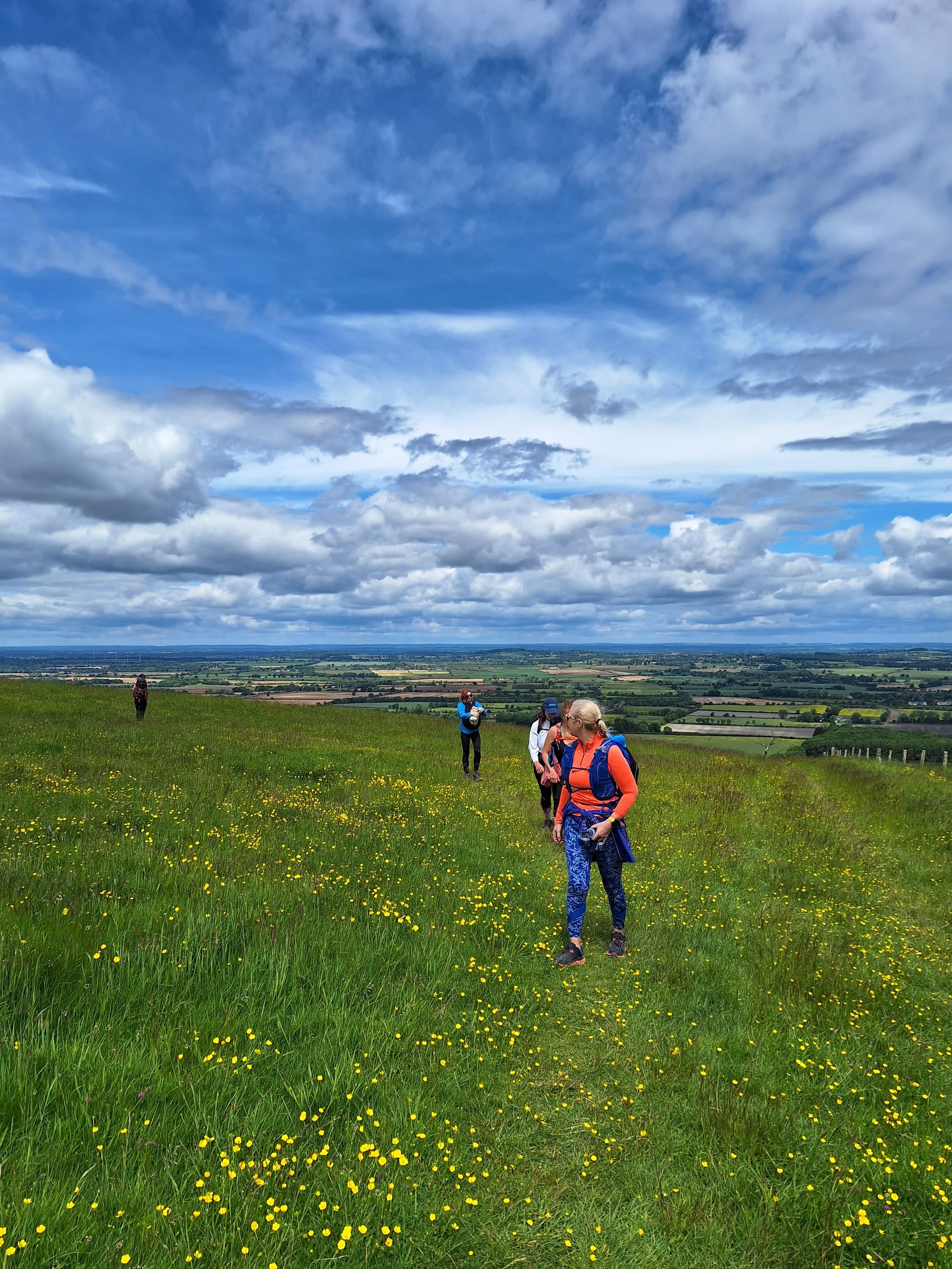 Hikers walking on a grassy field with yellow flowers, overlooking a patchwork of fields and farmland under a partly cloudy sky.