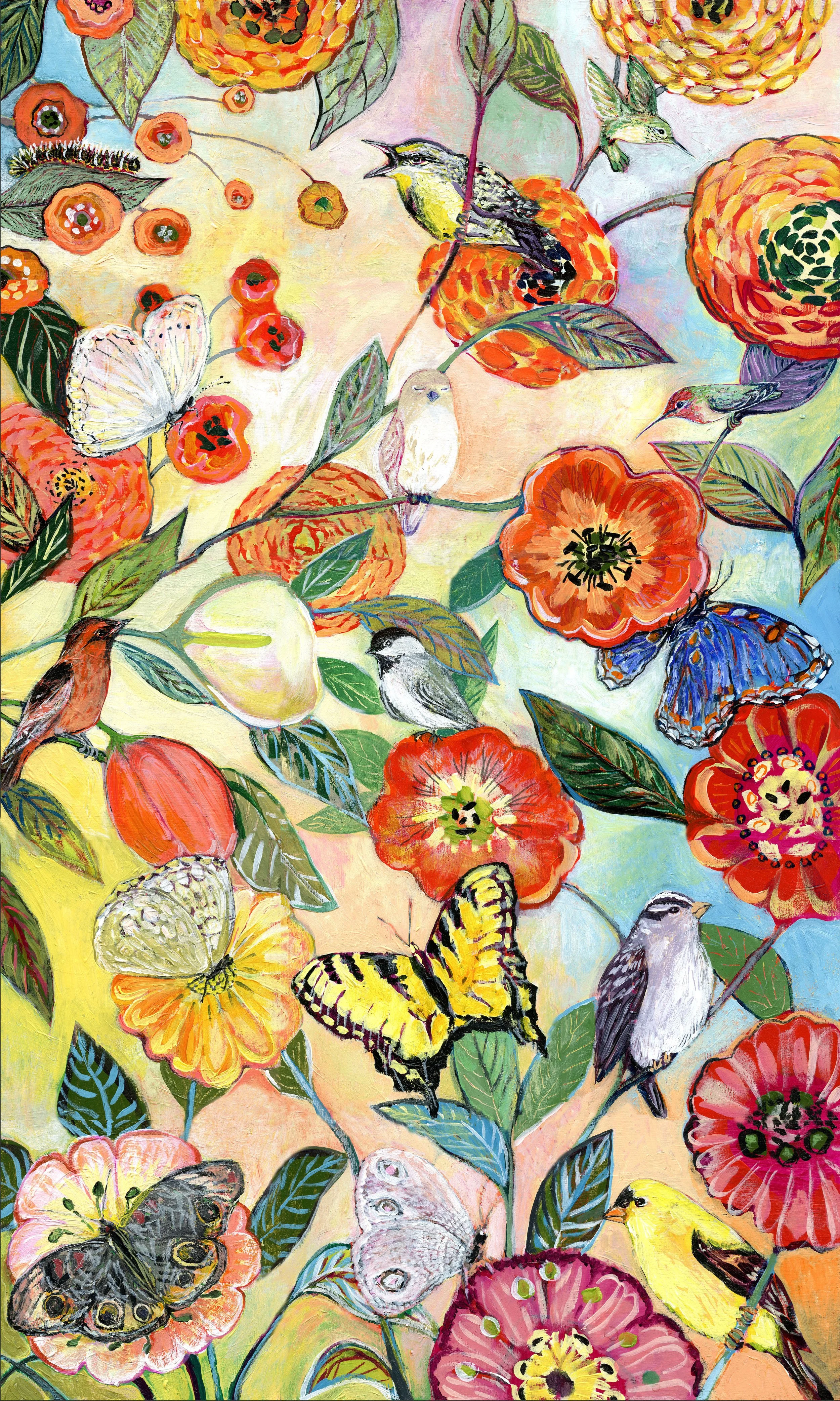 Birds and Butterflies (15 individual paintings, shown as 1 image), 30x18 inch, 2015