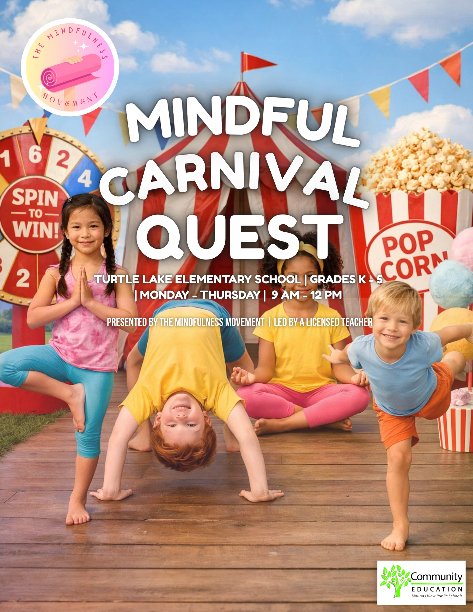 Playful yoga and mindfulness activities at a Shoreview MN summer camp designed to support calm, focus, and social skills.