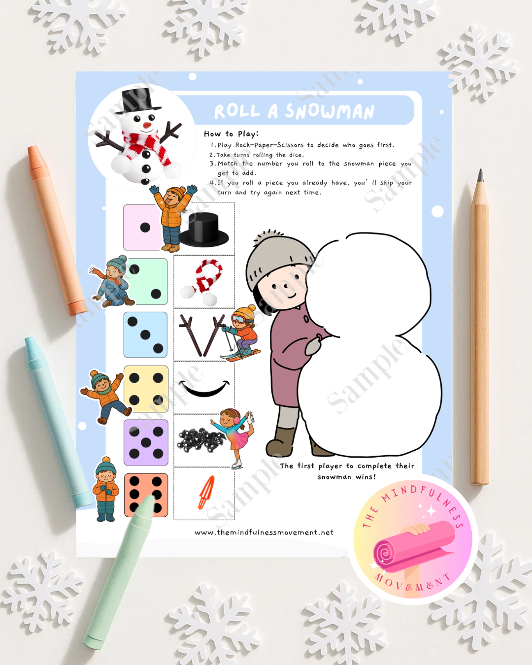 Roll-A-Snowman Yoga Game — Winter Kids Yoga Dice Game & Mindfulness Activity (Digital Download)