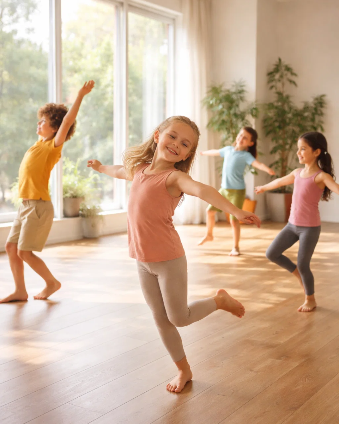 Children ages 6–10 moving and dancing in a bright studio during Mindful Movement summer camp in Roseville MN.