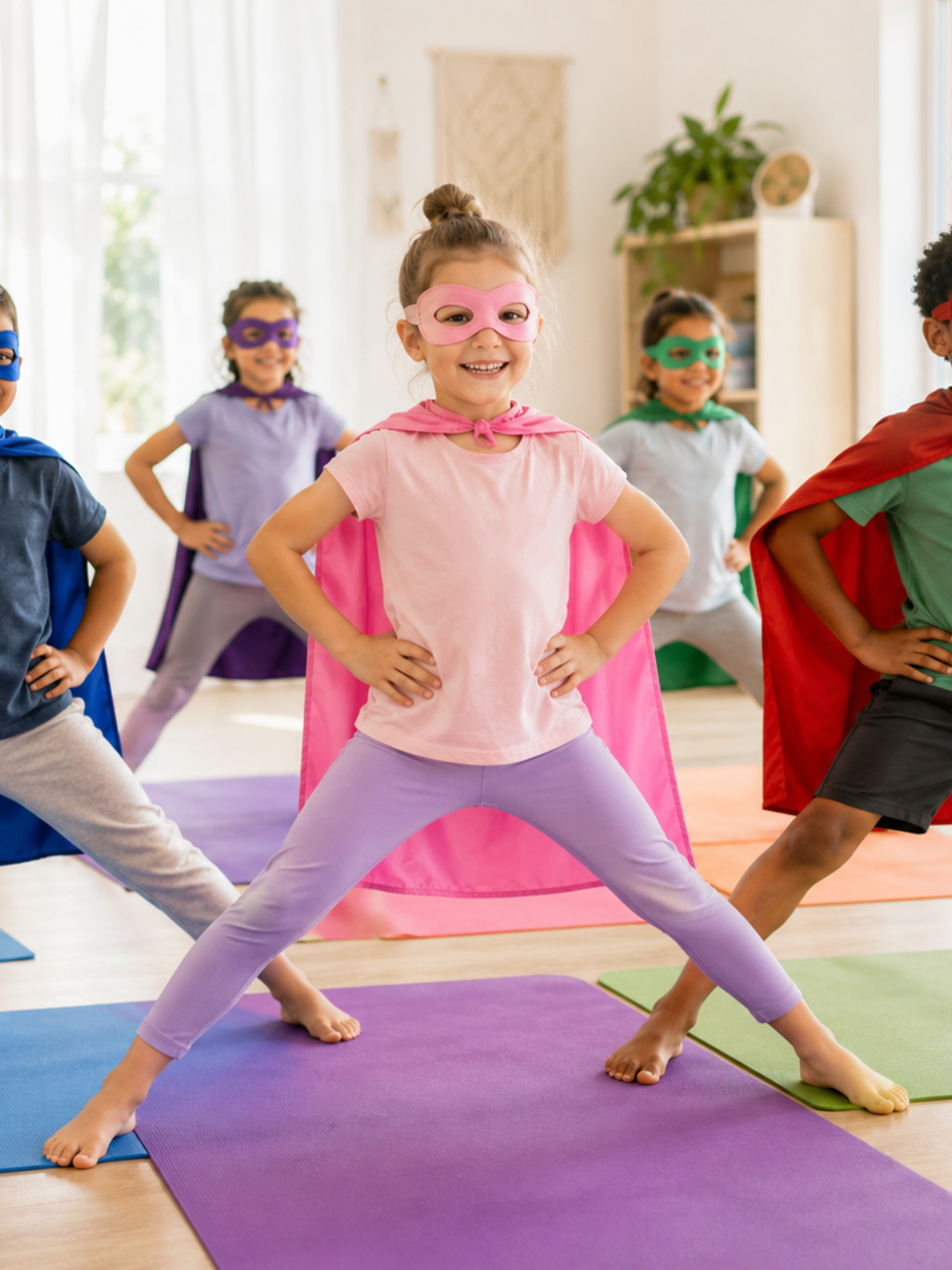 Girl in a pink superhero cape and mask standing in a confident power pose on a yoga mat at Superpower Kids Camp™ — a kids yoga and confidence retreat at New Brighton Community Center, Minnesota