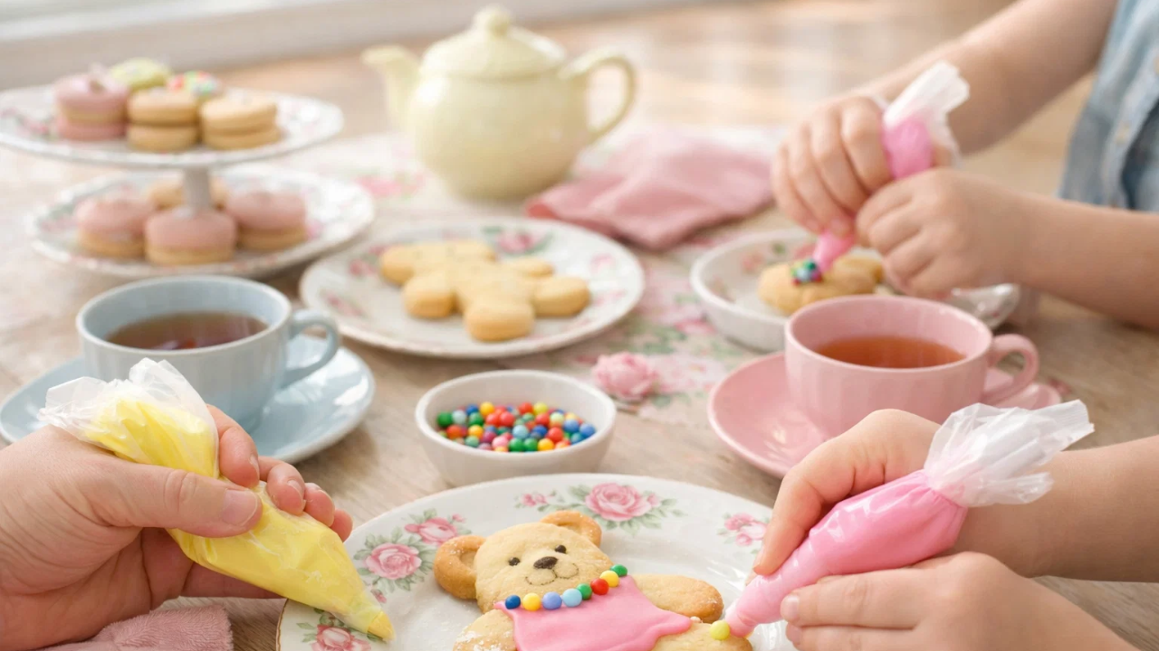Children decorating teddy bear cookies during a tea party themed activity at a kids yoga and mindfulness retreat in Minnesota.