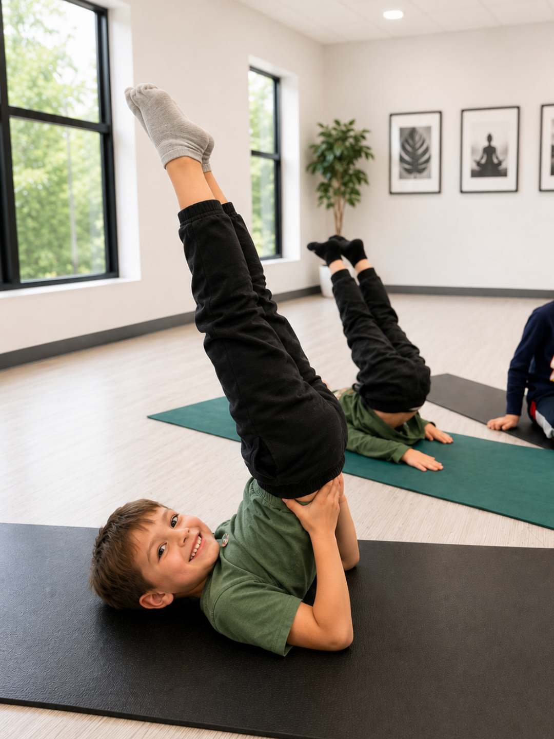 Boys doing yoga poses and laughing during a kids yoga camp at the New Brighton Community Center in Minnesota