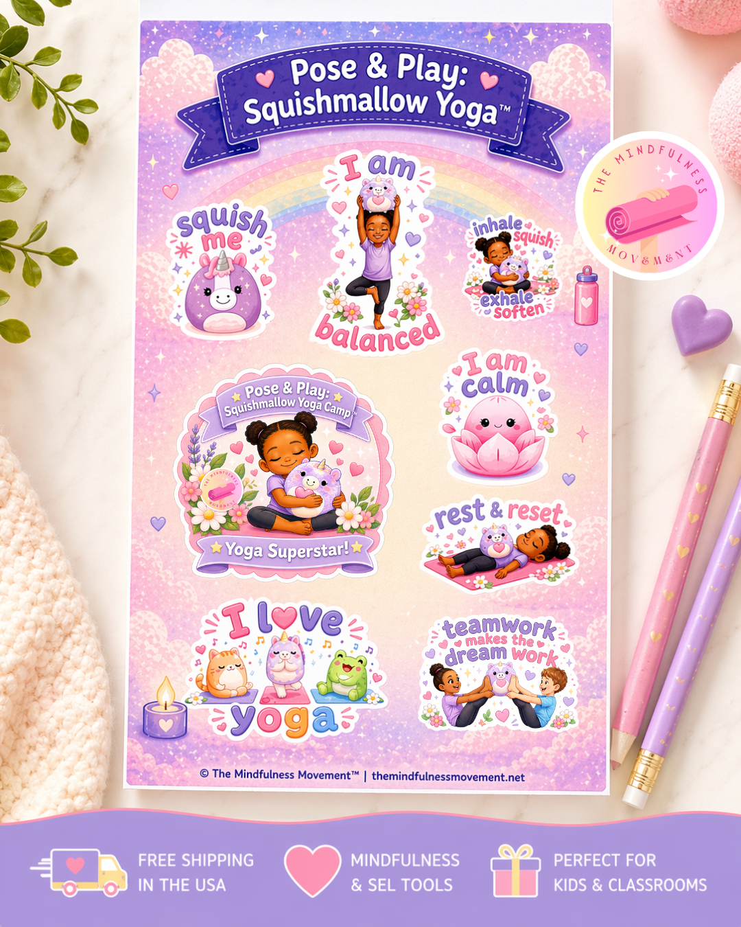 Squishmallow Yoga Stickers for Kids | Mindfulness & Calm Sticker Sheet | Kids Yoga, SEL Tools & Positive Affirmations | Pose & Play™