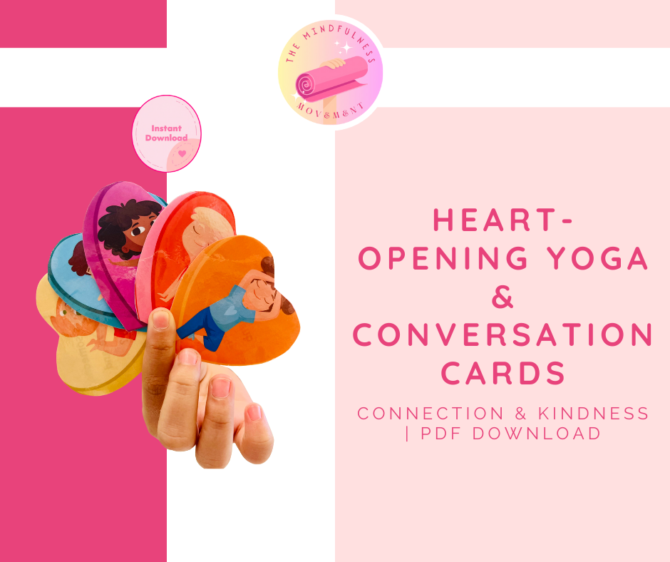 Heart-opening yoga pose and conversation cards printable PDF with love-based prompts for kids mindfulness and connection.