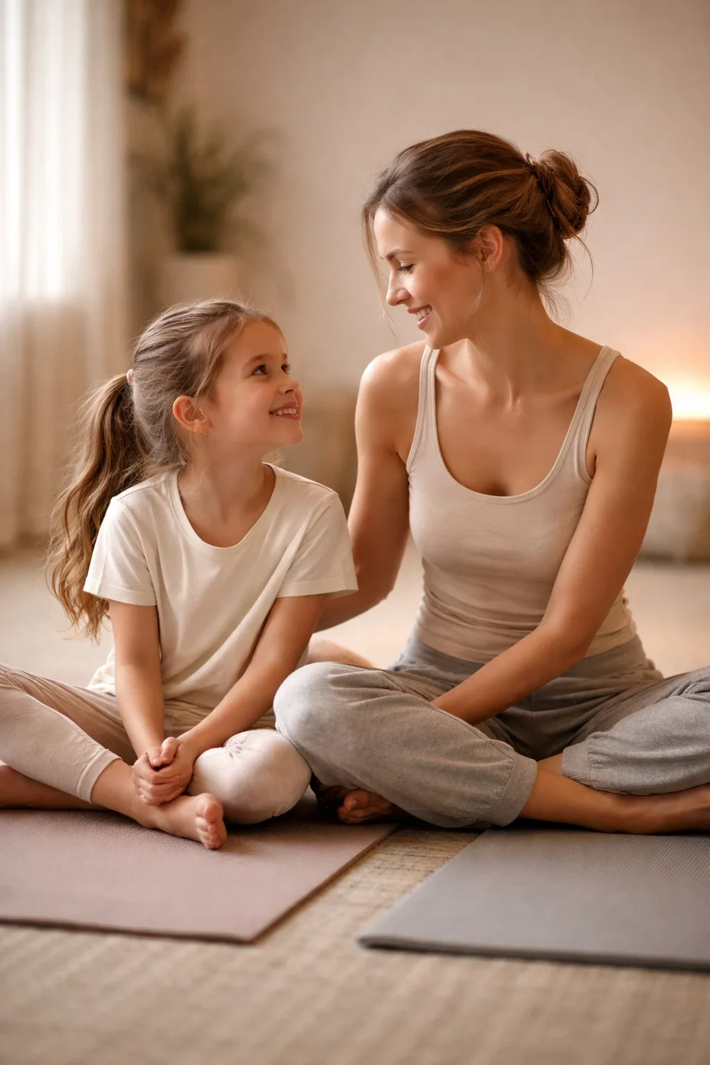 Parent and child sitting together during a family yoga breathing exercise