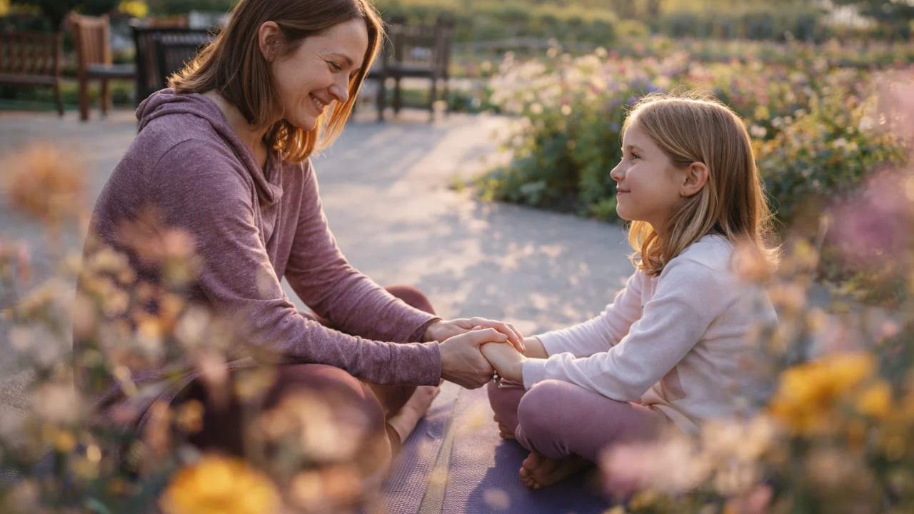 Parent and child practicing yoga together at Branch & Bloom Flower Farm in Ham Lake, Minnesota