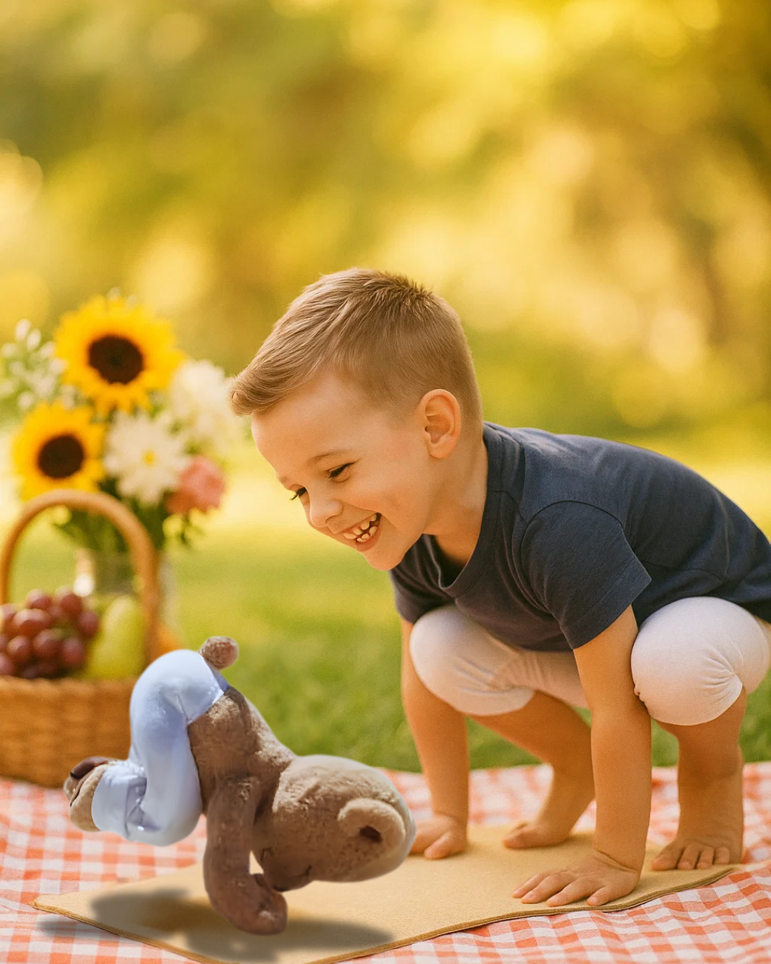 Child playing with teddy bear during kids yoga and mindfulness retreat in White Bear Lake Minnesota