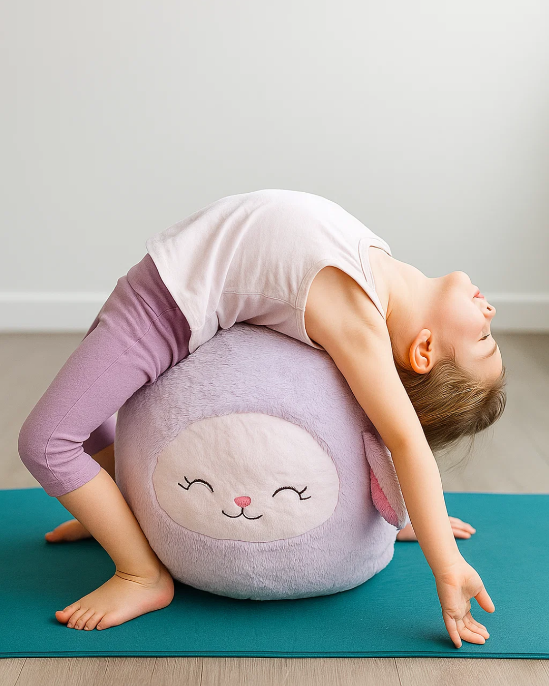 Child practicing a playful yoga pose using a Squishmallow during a kids yoga class in Minnesota.