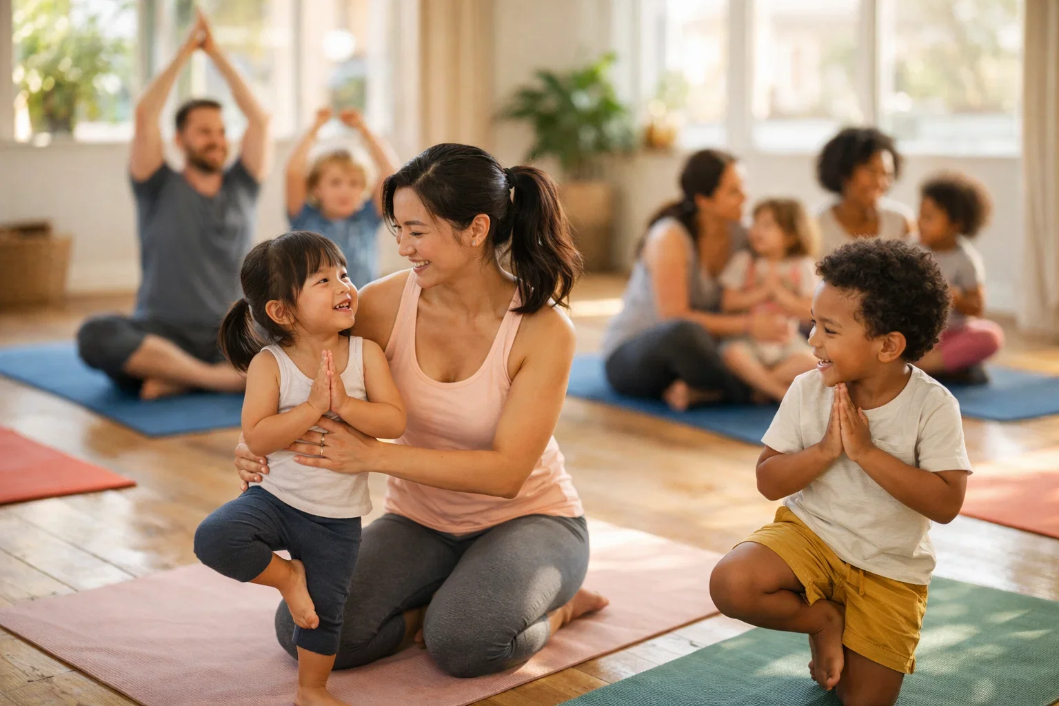 Family yoga class in Minnesota with parents and children practicing mindful movement together