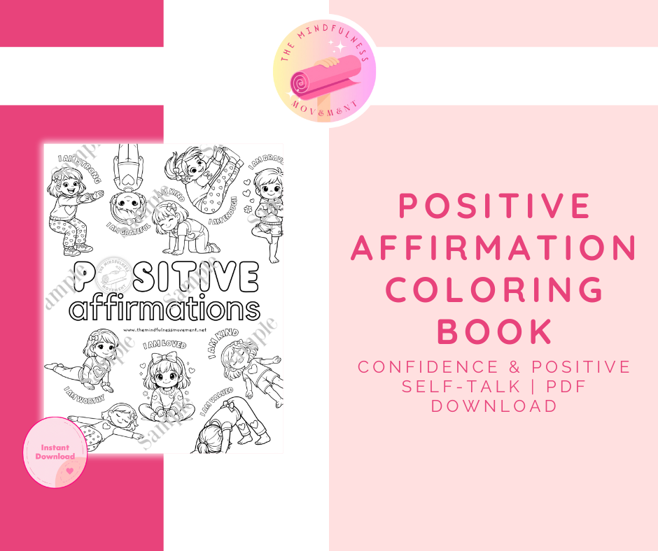 Positive affirmations coloring book printable PDF with yoga pose coloring pages to build confidence and positive self-talk.