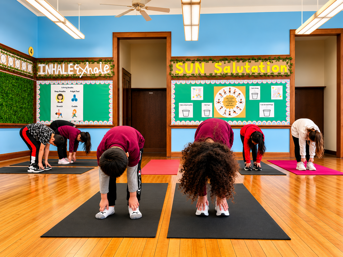 Children practicing yoga and mindfulness during an after-school enrichment program at a Twin Cities Minnesota elementary school
